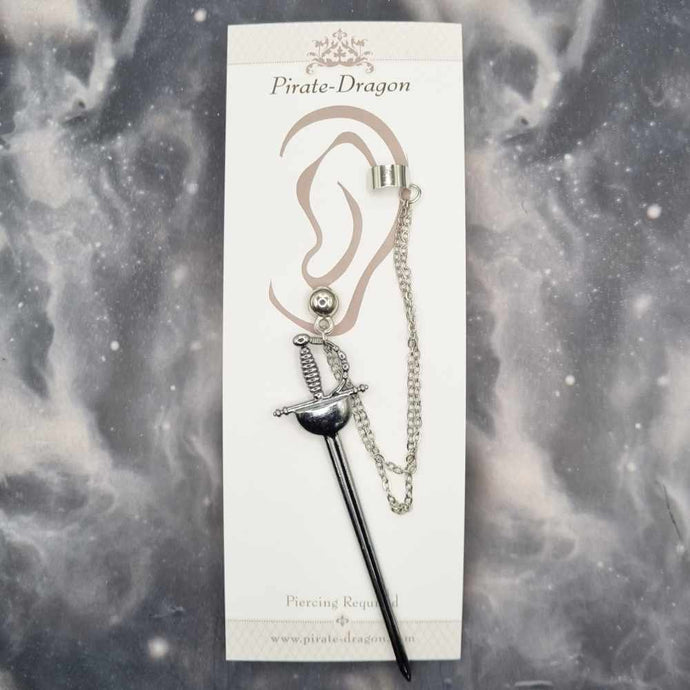 Gunmetal Sword with Silver Chains Pierced Earcuff (EC99068)