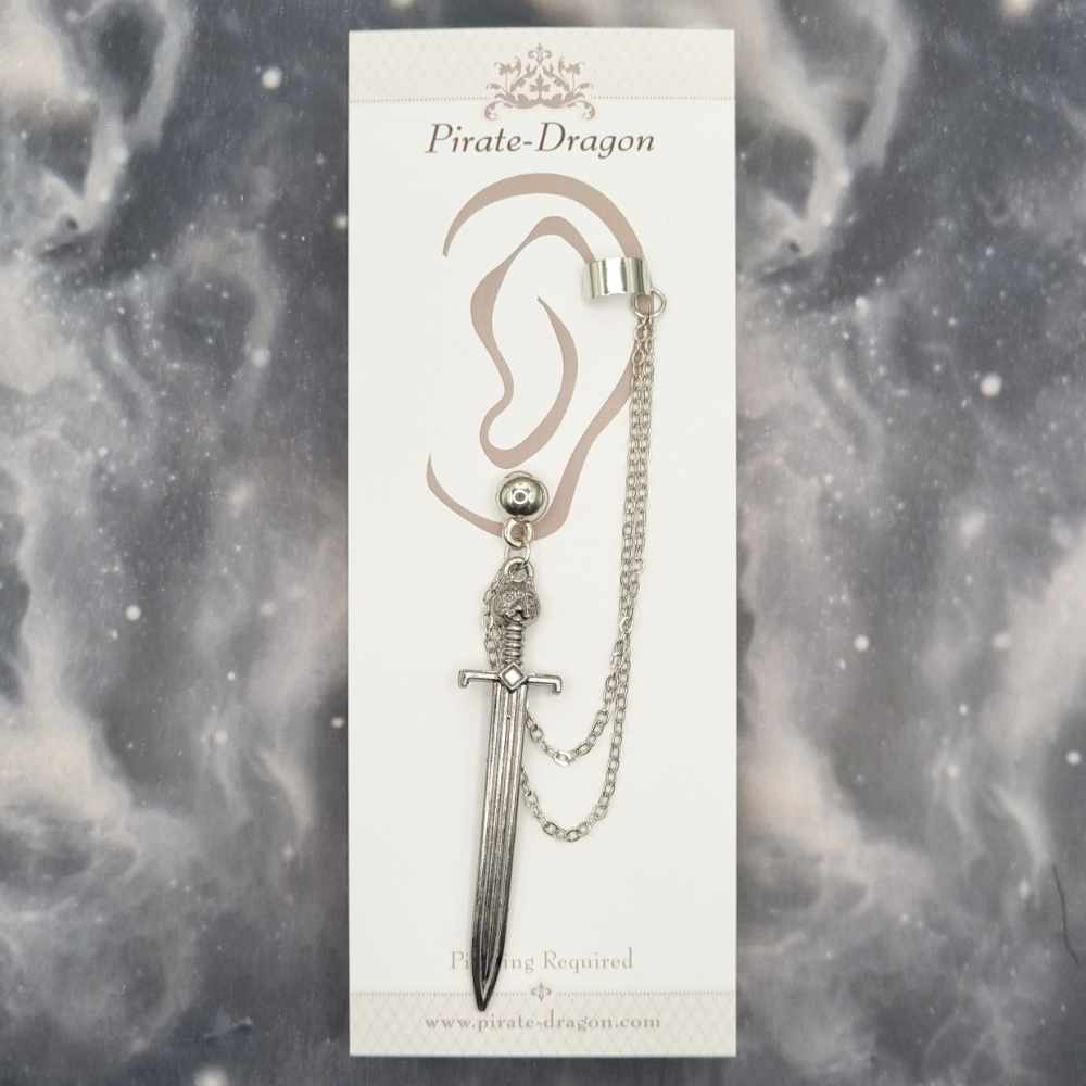Gunmetal Sword with Silver Chains Pierced Earcuff (EC99069)