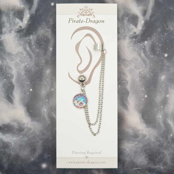 Pink Mermaid Scale with Silver Chains Pierced Earcuff (EC99073)