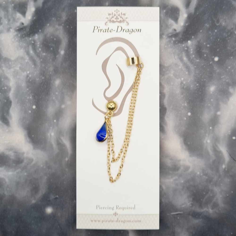 Dark Blue Teardrop with Gold Chains Pierced Earcuff (EC99086)