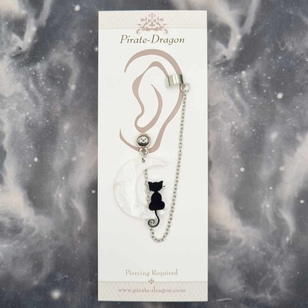 Black Cat on Moon with Silver Chain Pierced Earcuff (EC99099)