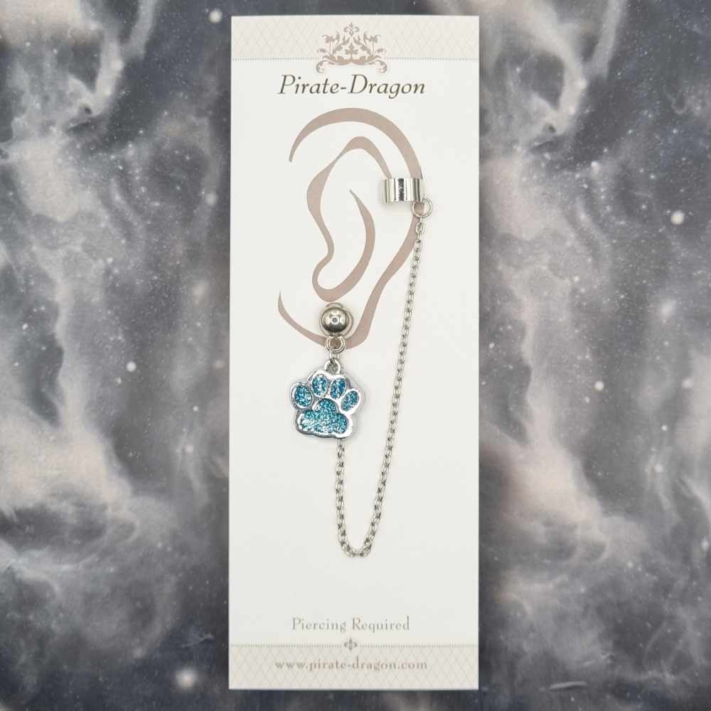 Light Blue Glitter Paw Print with Silver Chain Pierced Earcuff (EC99106)