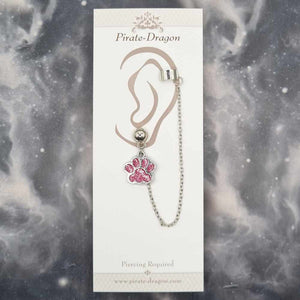 Light Pink Glitter Paw Print with Silver Chain Pierced Earcuff (EC99110)