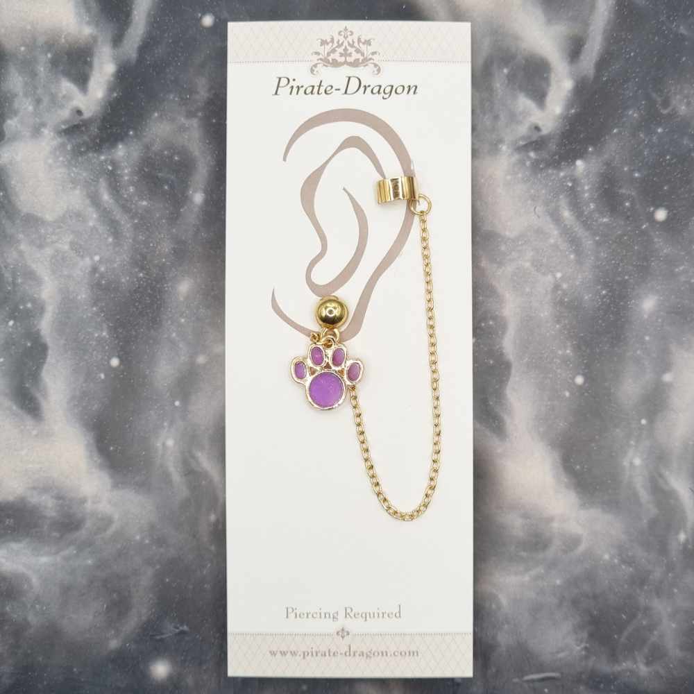 Purple Glitter Paw Print with Gold Chain Pierced Earcuff (EC99114)