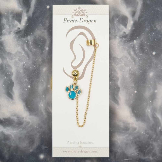 Light Blue Paw Print with Gold Chain Pierced Earcuff (EC99115)