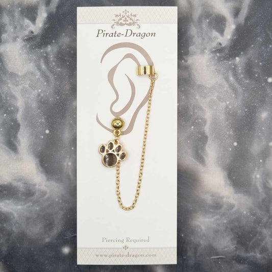 Black Paw Print with Gold Chain Pierced Earcuff (EC99116)