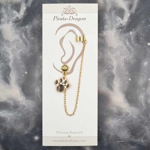 Black Paw Print with Gold Chain Pierced Earcuff (EC99116)