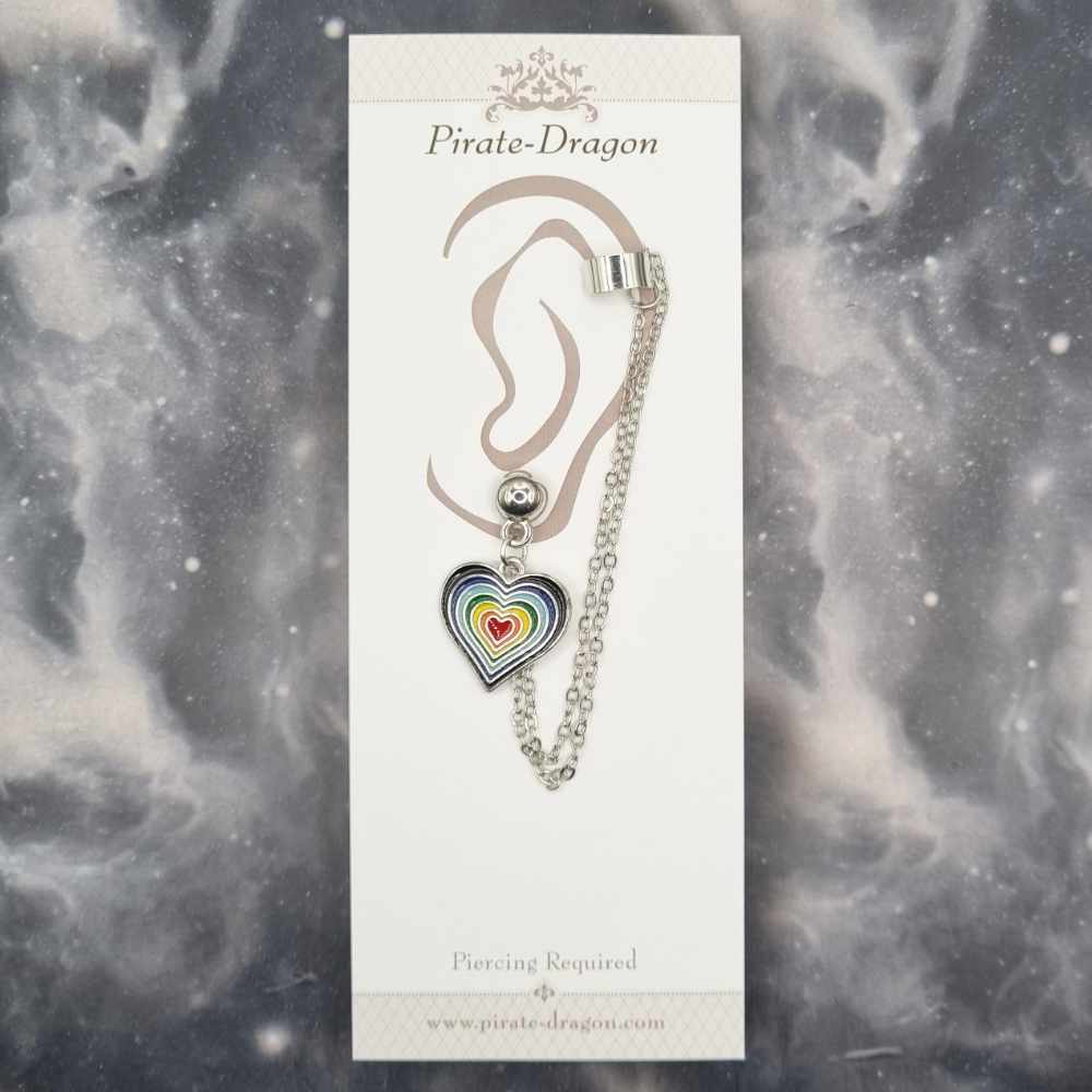 Rainbow Heart with Silver Chains Pierced Earcuff (EC99120)
