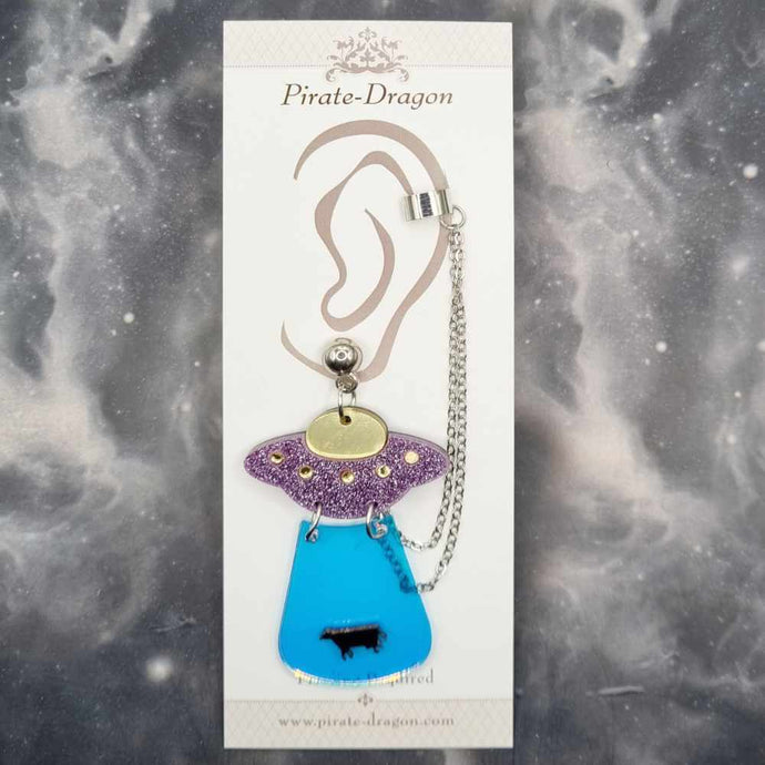 UFO & Cow with Silver Chains Pierced Earcuff (EC99122)