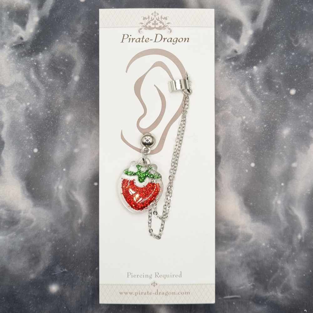 Glitter Strawberry with Silver Chains Pierced Earcuff (EC99124)