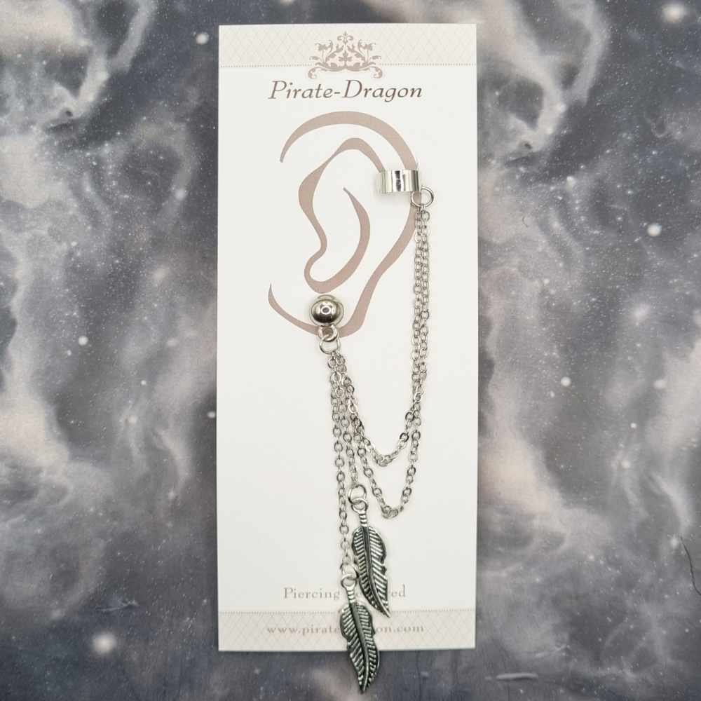 Silver Feathers with Silver Chains Pierced Earcuff (EC99125)