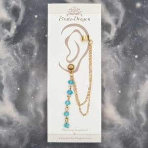 Blue Beads Drop with Gold Chain Pierced Earcuff (EC99130)