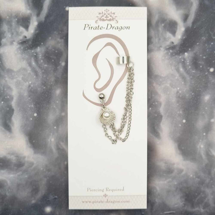 Silver Shell with Pearl with Silver Chains Pierced Earcuff (EC99132)