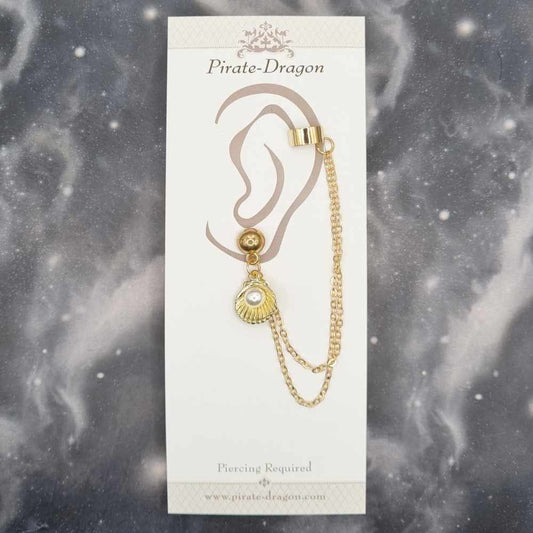 Gold Shell with Pearl with Gold Chains Pierced Earcuff (EC99133)