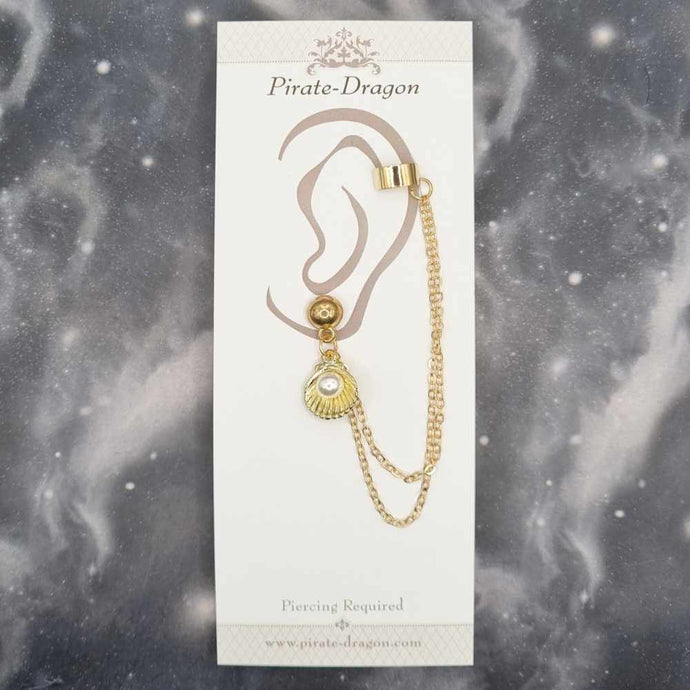 Gold Shell with Pearl with Gold Chains Pierced Earcuff (EC99133)