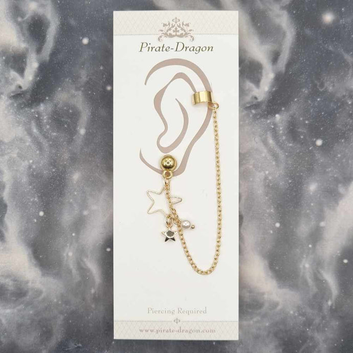 Gold Stars with Pearl with Gold Chain Pierced Earcuff (EC99136)