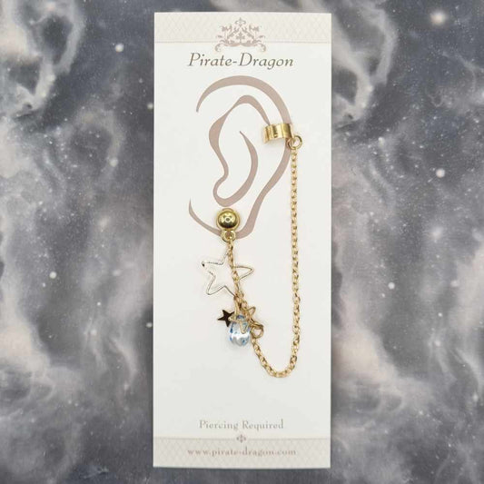 Gold Stars with Light Blue Bead with Gold Chain Pierced Earcuff (EC99138)