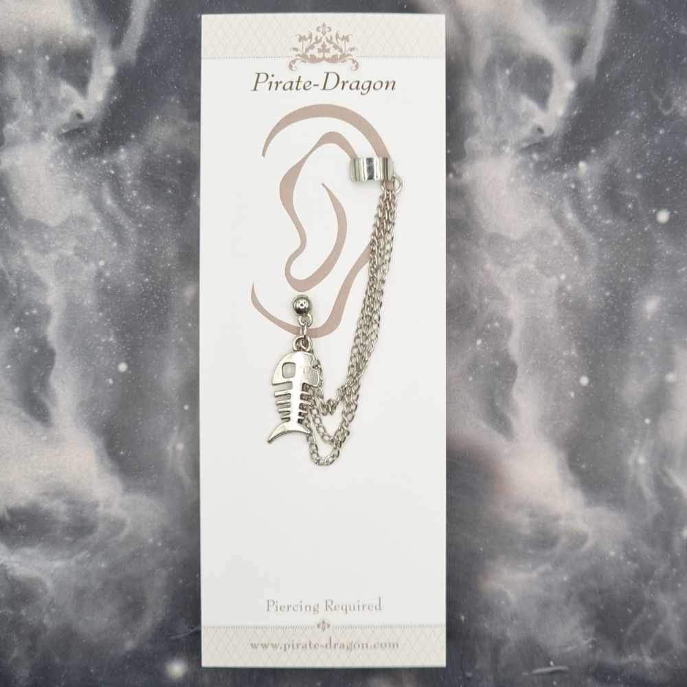 Small Silver Fish Skeleton with Silver Chains Pierced Earcuff (EC99143)