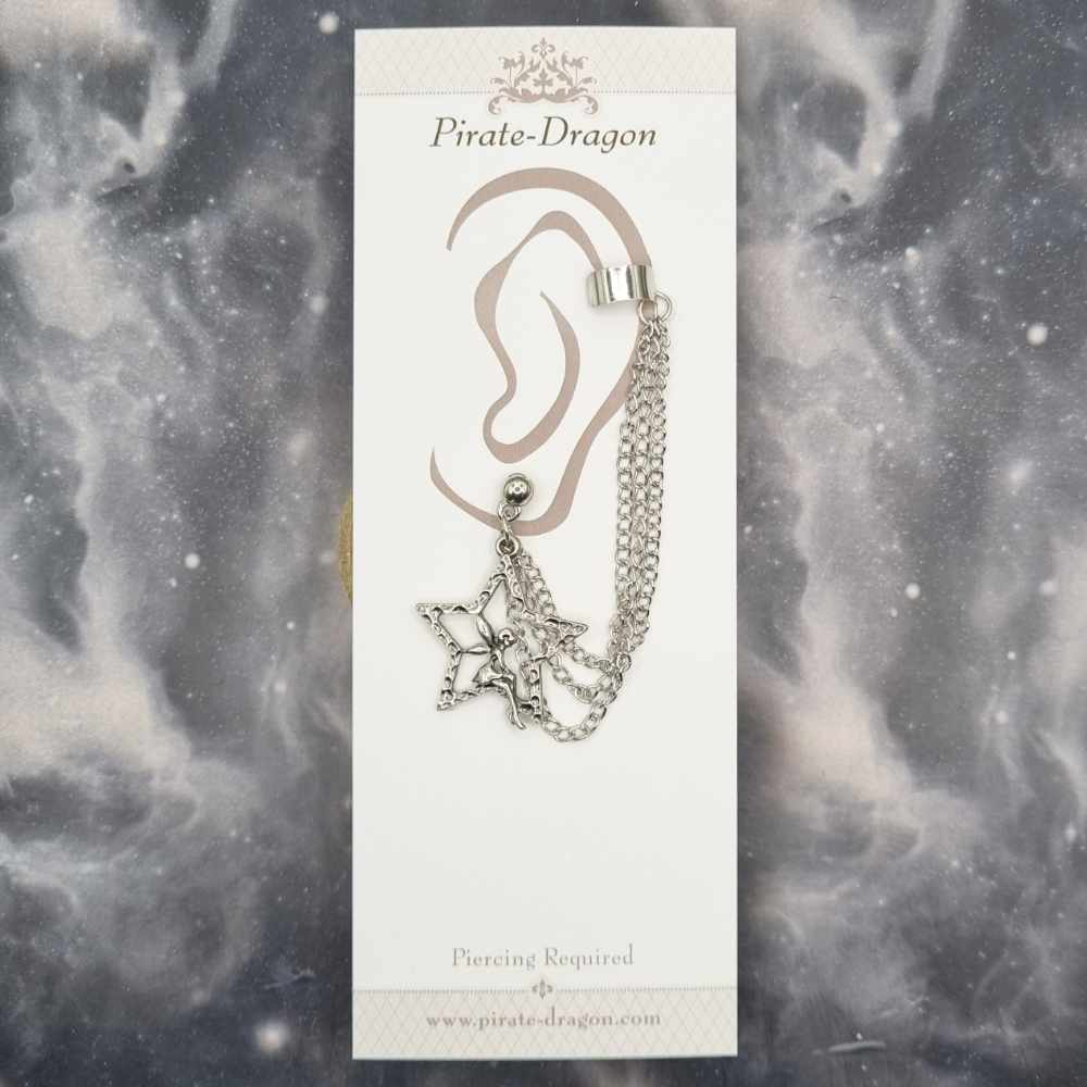 Silver Fairy on a Star with Silver Chains Pierced Earcuff (EC99144)