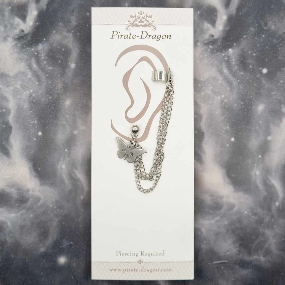 Silver Butterfly with Silver Chains Pierced Earcuff (EC99152)