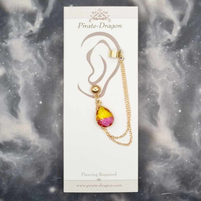 Yellow/Pink Teardrop Gem with Gold Chains Pierced Earcuff (EC99165)