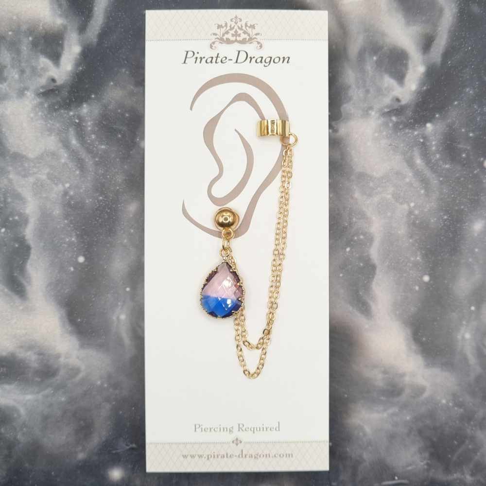 Purple/Blue Teardrop Gem with Gold Chains Pierced Earcuff (EC99167)