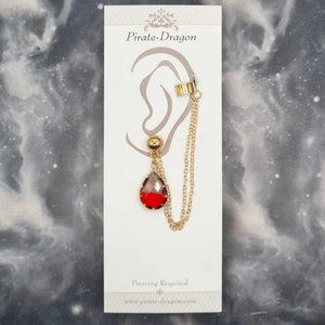 Grey/Red Teardrop Gem with Gold Chains Pierced Earcuff (EC99179)
