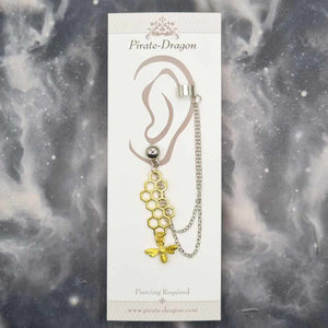 Gold Honeycomb & Bee with Silver Chains Pierced Earcuff (EC99185)