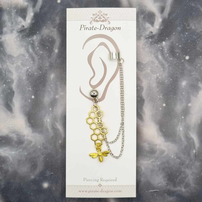 Gold Honeycomb & Bee with Silver Chains Pierced Earcuff (EC99185)