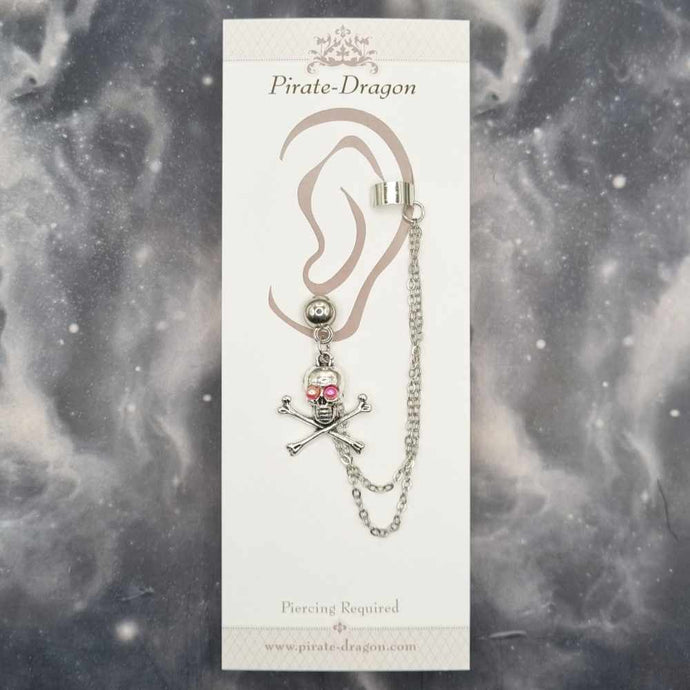 Silver Pirate Skull & Crossbones with Silver Chains Pierced Earcuff (EC99192)