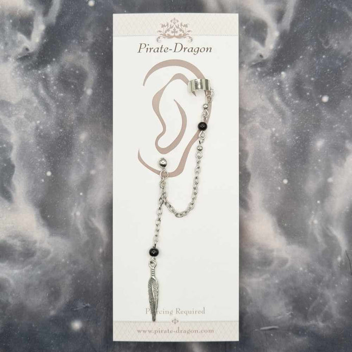 Silver Feather & Black Bead with Silver Chain Pierced Earcuff (EC99197)