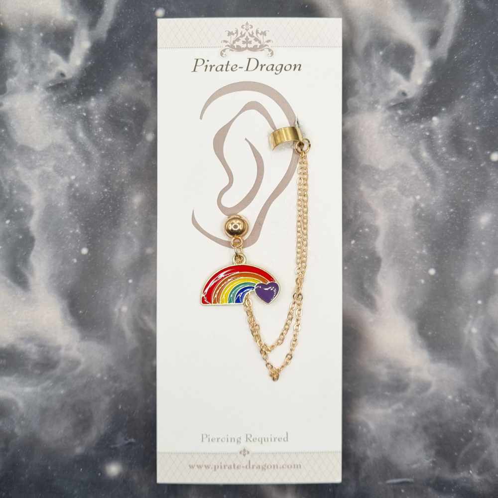 Rainbow & Heart with Gold Chains Pierced Earcuff (EC99199)