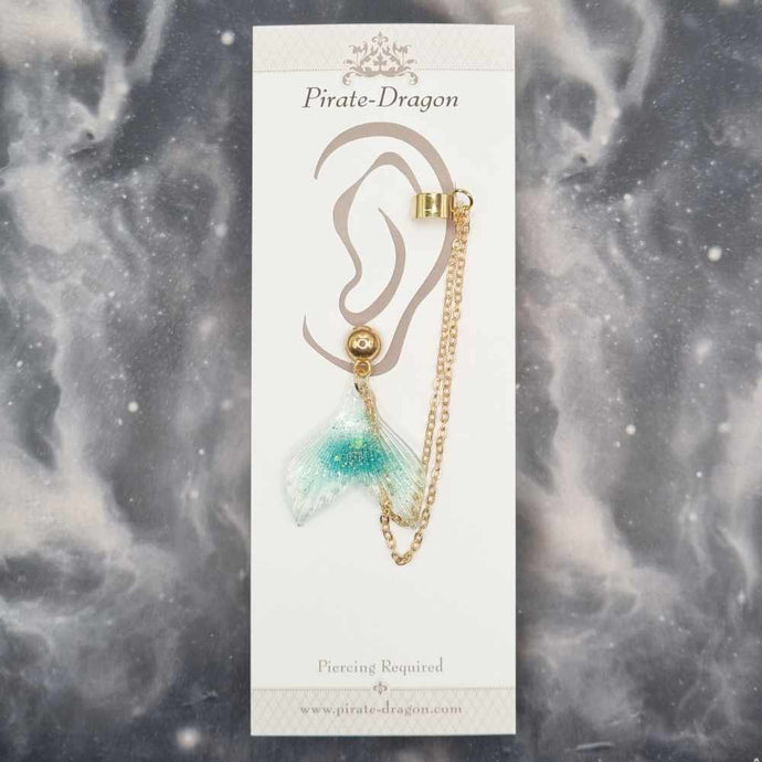 Aqua Mermaid Tail with Gold Chains Pierced Earcuff (EC99200)