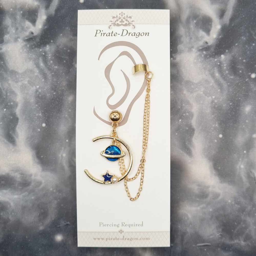 Gold & Blue Planet & Star with Gold Chains Pierced Earcuff (EC99201)