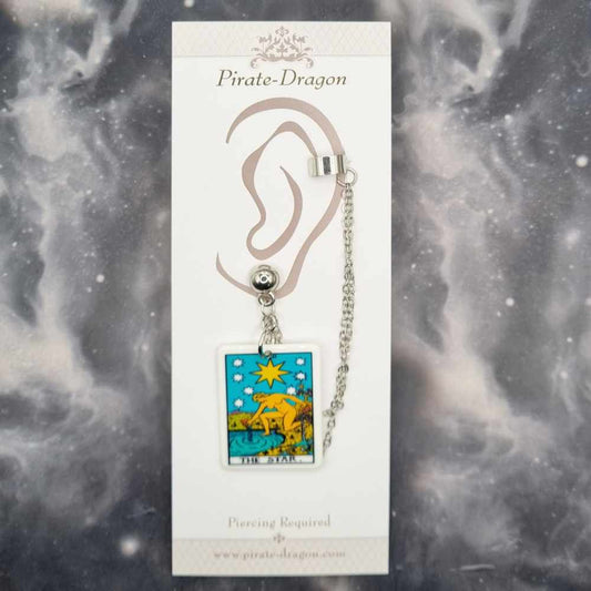THE STAR Tarot Card with Silver Chains Pierced Earcuff (EC99205)