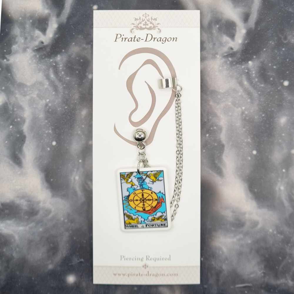 WHEEL OF FORTUNE Tarot Card with Silver Chains Pierced Earcuff (EC99210)