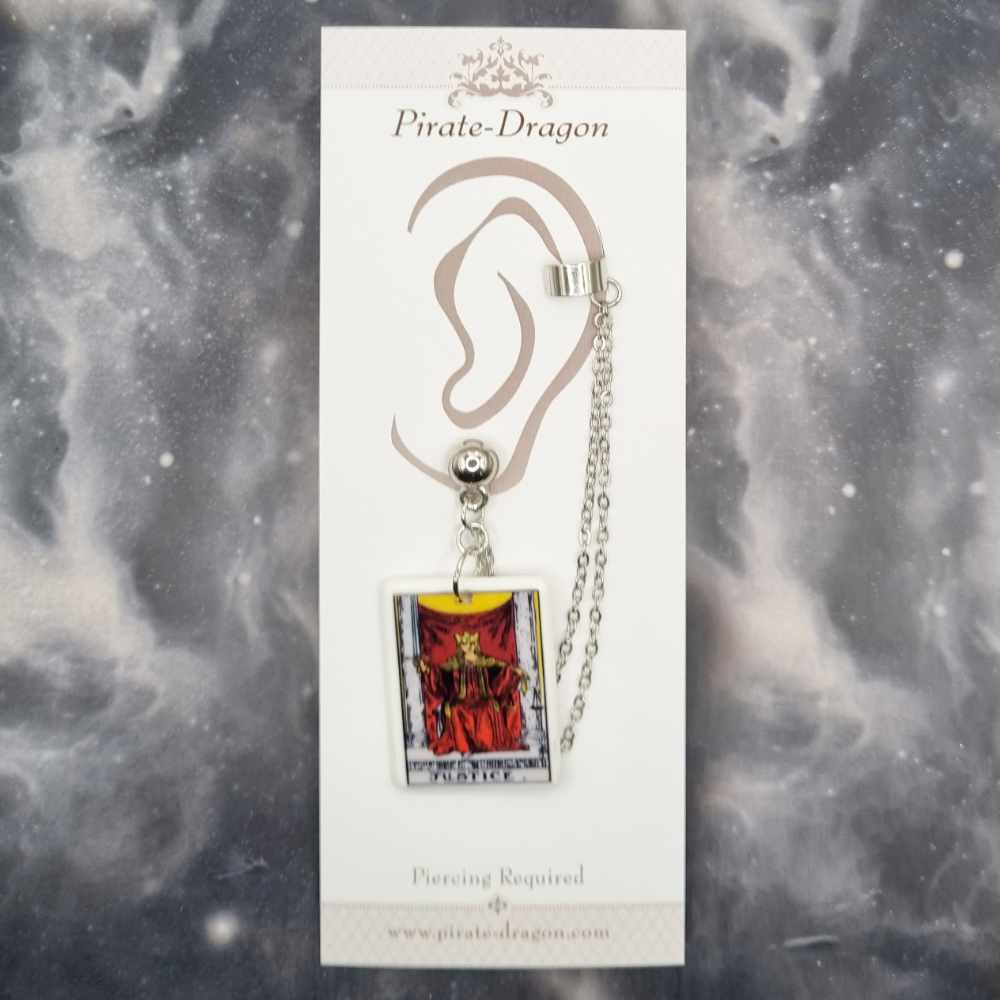 JUSTICE Tarot Card with Silver Chains Pierced Earcuff (EC99213)