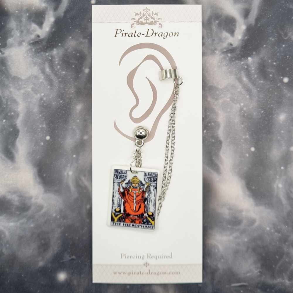 THE HIEROPHANT Tarot Card with Silver Chains Pierced Earcuff (EC99215)