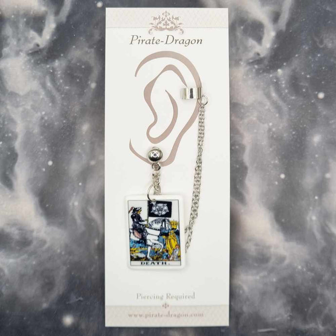 DEATH Tarot Card with Silver Chains Pierced Earcuff (EC99216)
