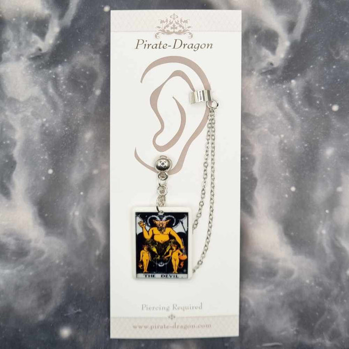 THE DEVIL Tarot Card with Silver Chains Pierced Earcuff (EC99217)