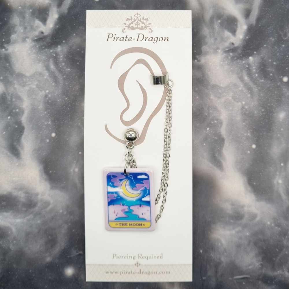 THE MOON (Pastel) Tarot Card with Silver Chains Pierced Earcuff (EC99220)