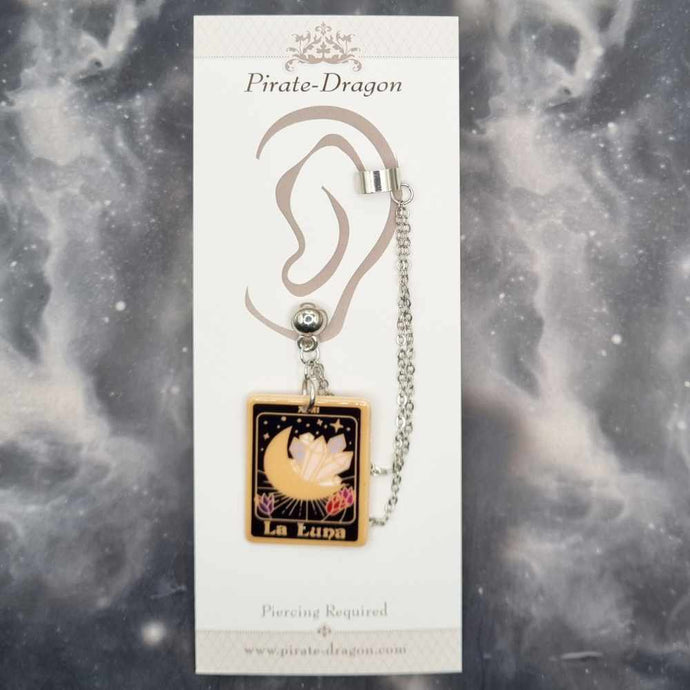 LA LUNA Tarot Card with Silver Chains Pierced Earcuff (EC99221)