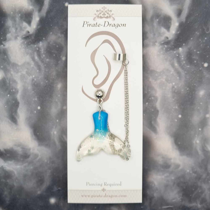 Blue Mermaid Tail with Silver Chains Pierced Earcuff (EC99223)