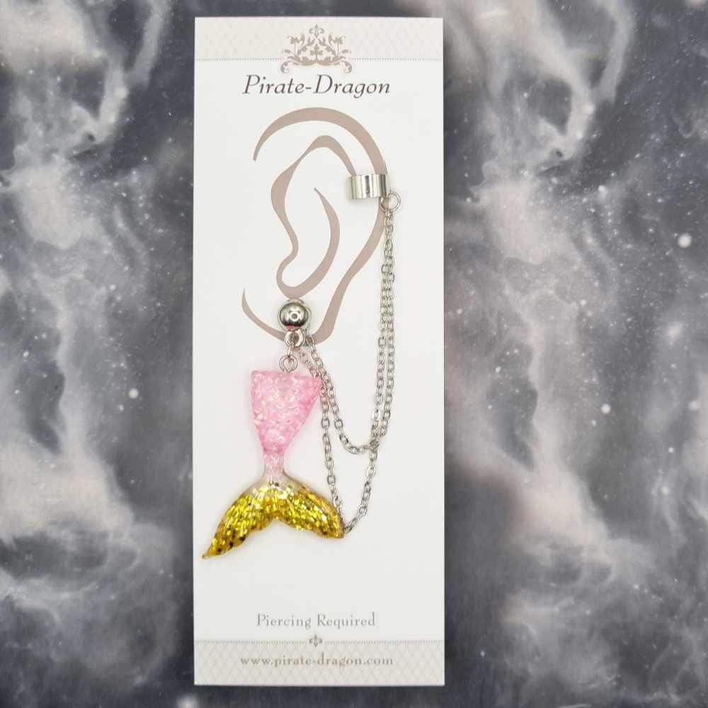Pink/Gold Mermaid Tail with Silver Chains Pierced Earcuff (EC99228)