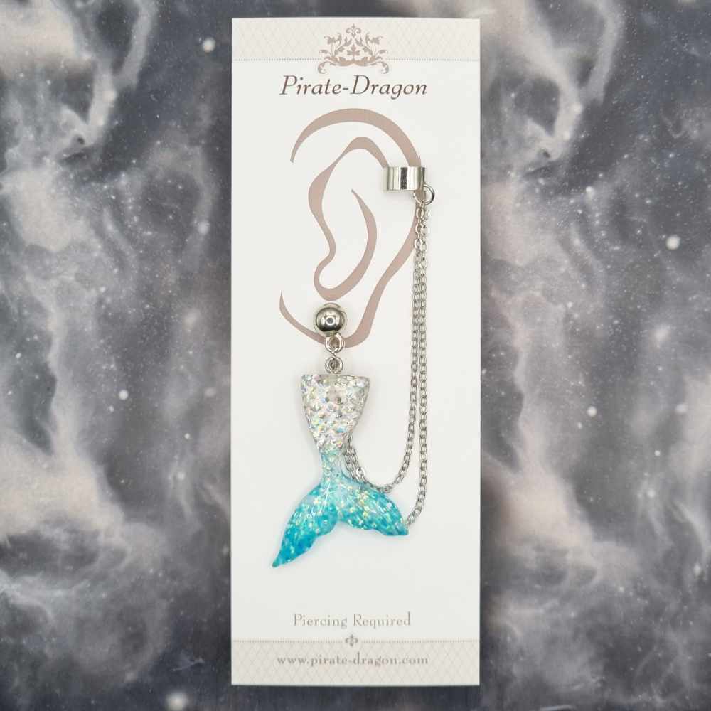 Silver/Blue Mermaid Tail with Silver Chains Pierced Earcuff (EC99230)
