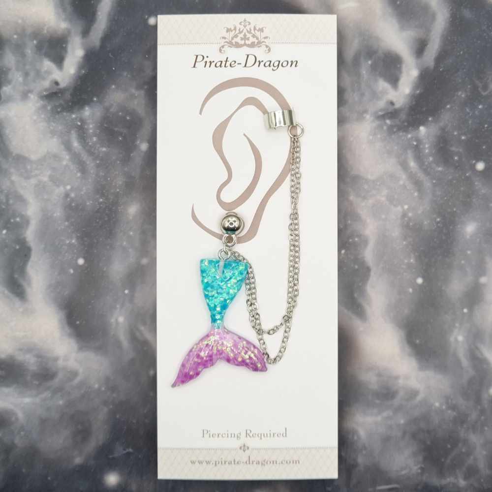 Blue/Purple Mermaid Tail with Silver Chains Pierced Earcuff (EC99231)
