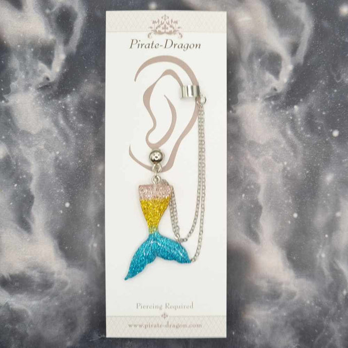 Cream/Gold/Blue Mermaid Tail with Silver Chains Pierced Earcuff (EC99233)