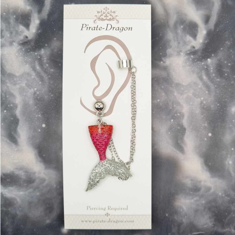 Red/Pink/Silver Mermaid Tail with Silver Chains Pierced Earcuff (EC99234)