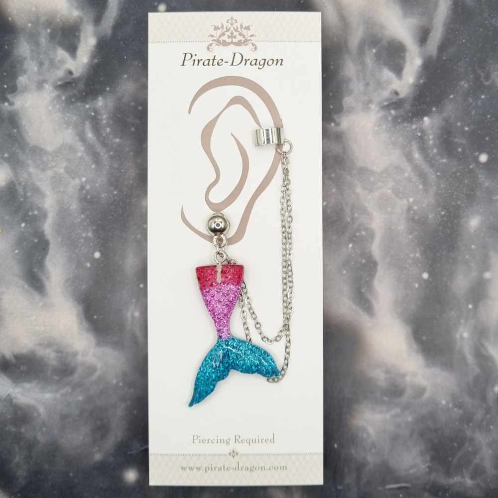 Red/Pink/Blue Mermaid Tail with Silver Chains Pierced Earcuff (EC99236)