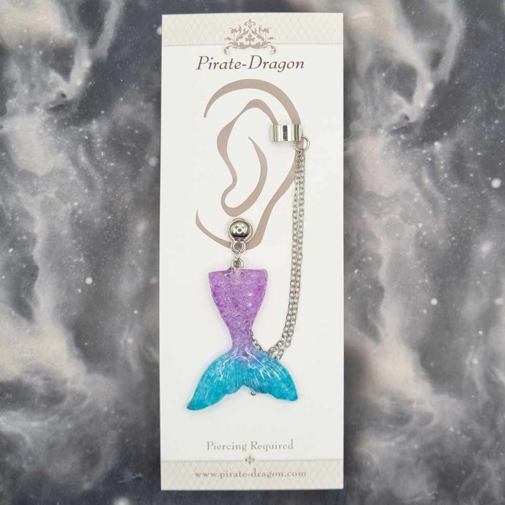 Purple/Blue Mermaid Tail with Silver Chains Pierced Earcuff (EC99239)